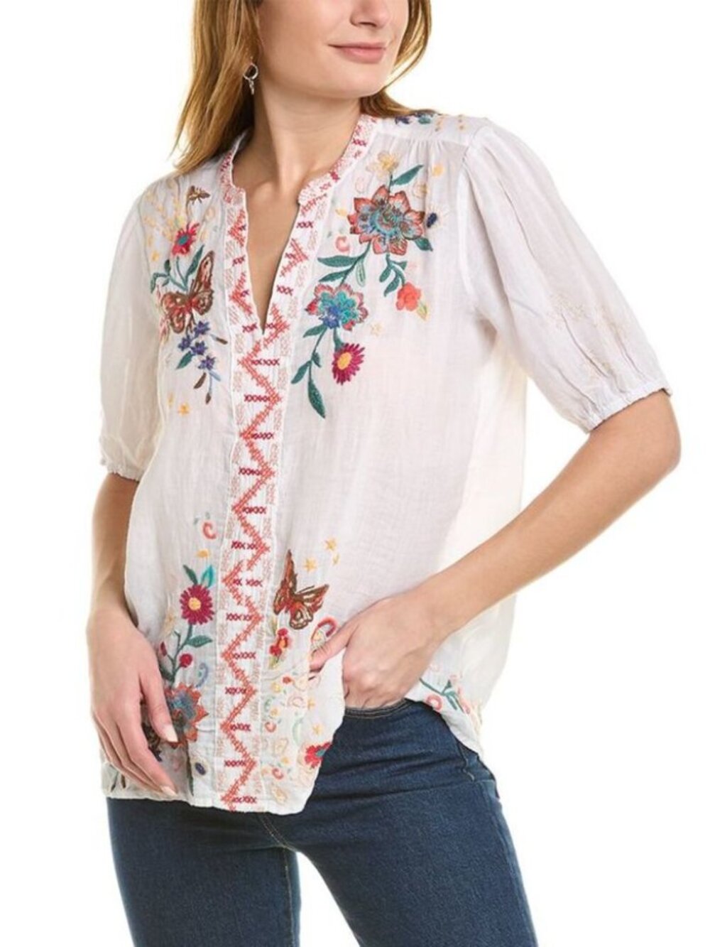 Johnny Was Olinda Puff Sleeve Effortless Blouse Size Medium White Embroidered